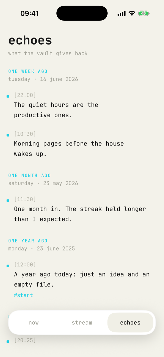 nota — the echoes face, entries from a week, a month and a year ago