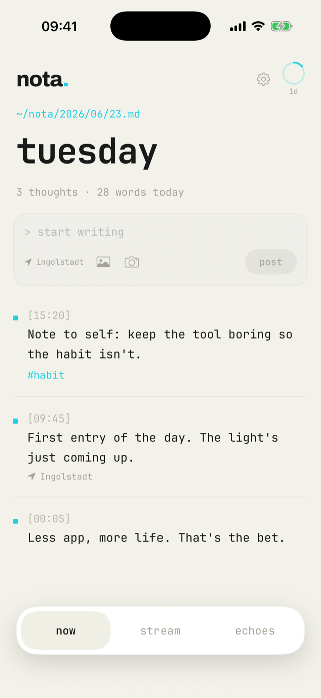 nota — the now face, writing a new entry
